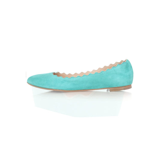 Women's Adorable Turquoise Round Toe Scalloped Edge Flats