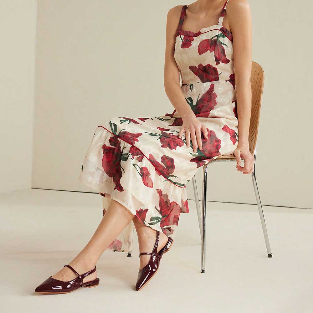 Burgundy Patent Leather Pointed Toe Flats Slingback Shoes for Women