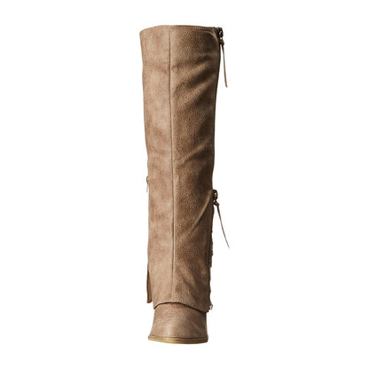 Taupe Closed Toe Stacked Heel Zip Closure Vintage Knee High Boots