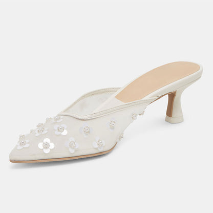 White Mesh Closed Toe Sequined Flower Spool Heel Mule Shoes for Women