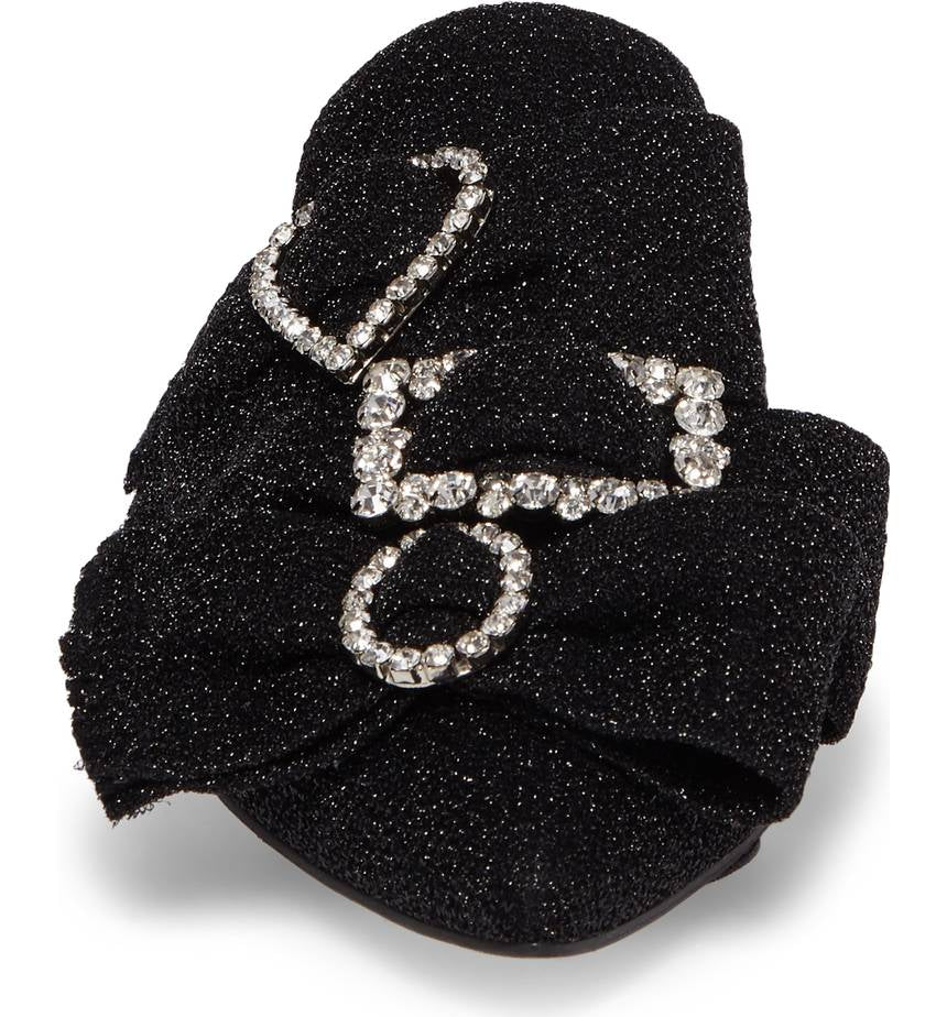 Black Glitter Flats Rhinestone Buckle Faux Fur Lined Mule Loafers