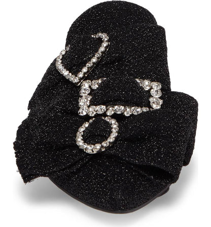 Black Glitter Flats Rhinestone Buckle Faux Fur Lined Mule Loafers