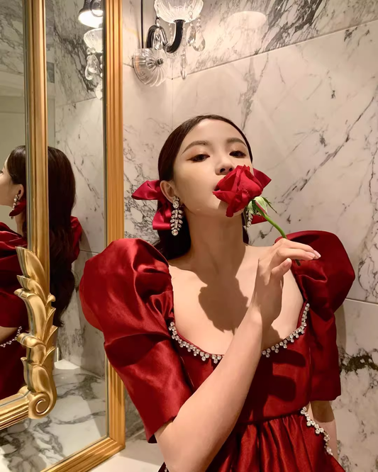 Vintage Burgundy A-Line Homecoming Dress Beaded Short Puff Sleeves Party Dress A-Line Cocktail Dress T4635