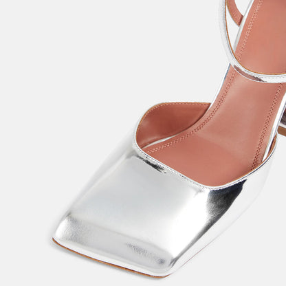 Women's Square Toe Ankle Strap Metallic Silver Pumps with Chunky Heel