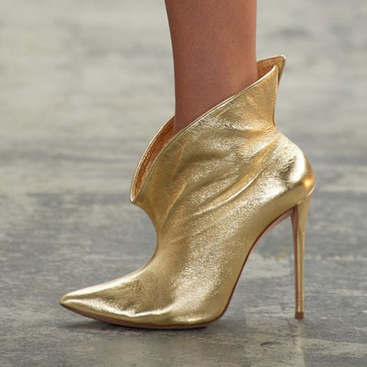 Women's Gold Pointed Toe Stiletto Shoes Elegant Heeled Ankle Boots