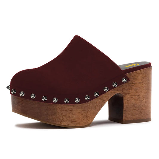 Vegan Suede Round Toe Block Heel Platform Mules in Burgundy