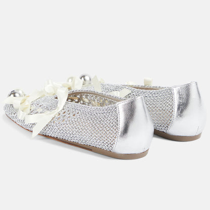 Silver Crochet Mesh Square Toe Pearl Bow Decor Women's Dress Flats
