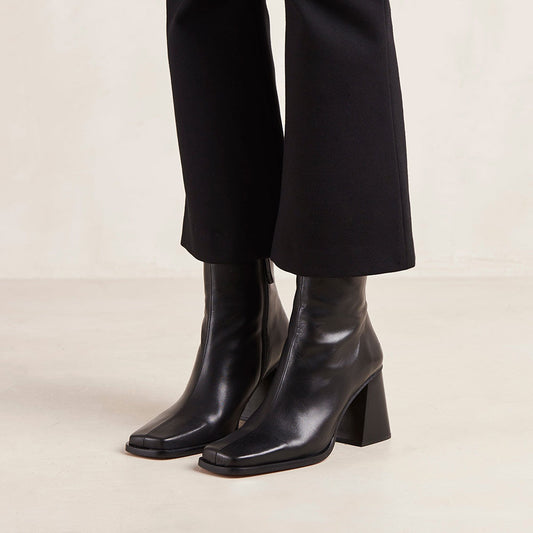 Black Square Toe 3'' Chunky Heel Side-Zip Office Ankle Boots