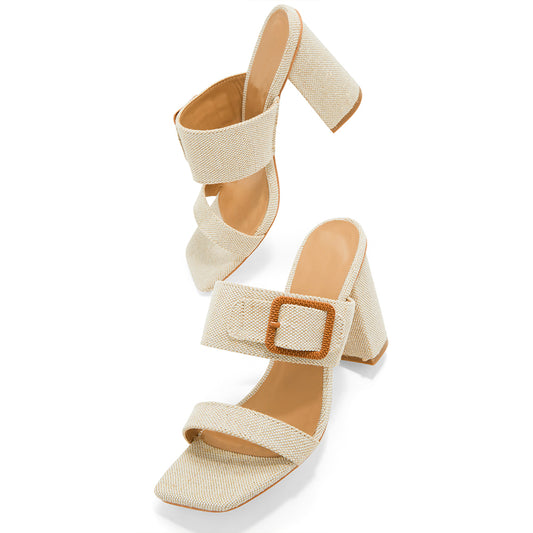 Beige Square Toe 3'' Block Heel Wide Band Mules with Buckle