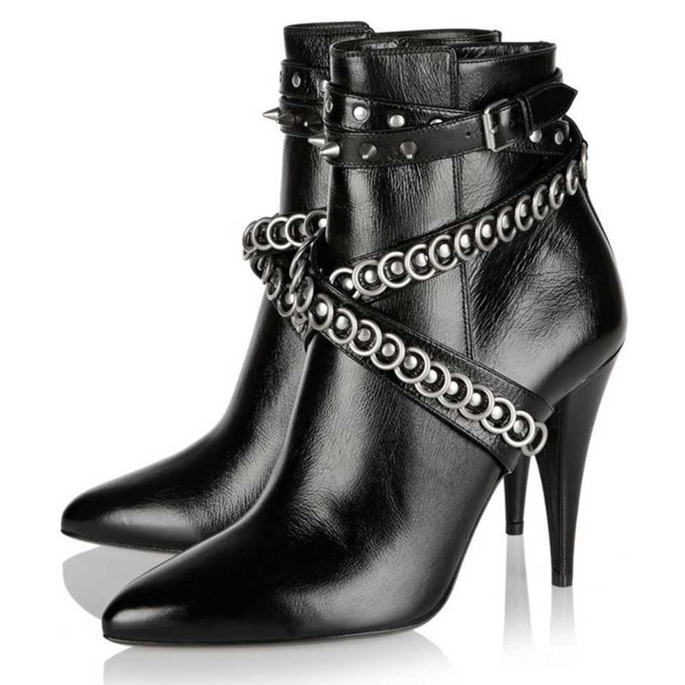 Black Studded Crisscross Strap Pointy Toe Cone Heel Ankle Boots