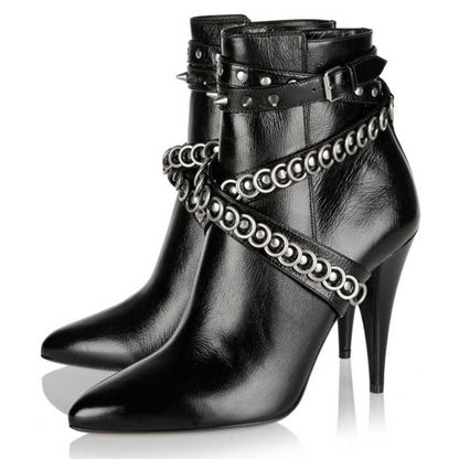 Black Studded Crisscross Strap Pointy Toe Cone Heel Ankle Boots