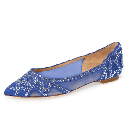 Elegant Mesh Slip-on Low Heels Pointed Toe Rhinestone Ballet Flats