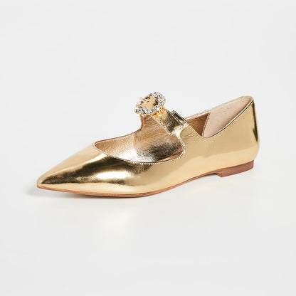 Gold Pointed Toe Mary Jane Shoes Buckle Flats
