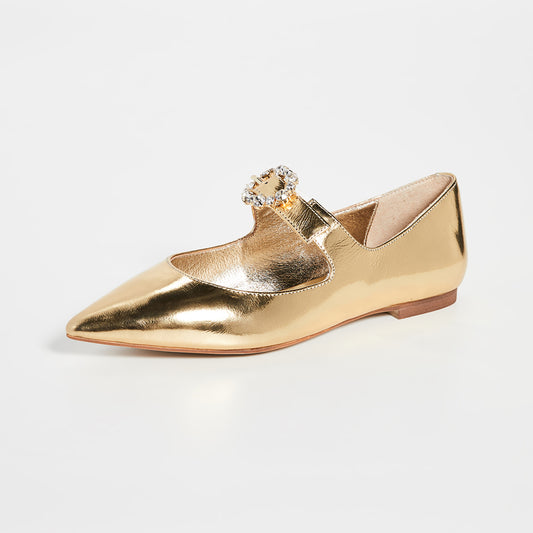 Gold Pointed Toe Mary Jane Shoes Buckle Flats