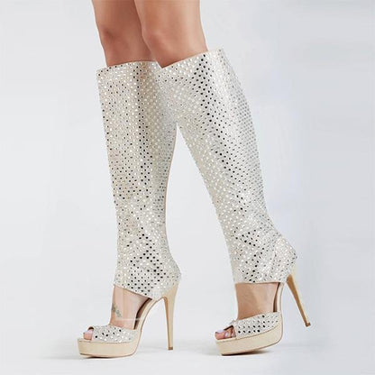 FSJ Open Toe Platform Rhinestones Stiletto Heels Knee High Boots