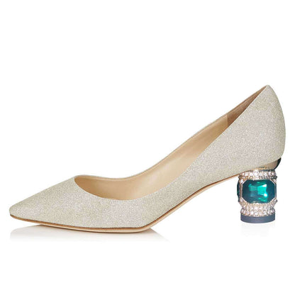 Women's Glitter Pointed Toe Rhinestone Low Heel Pumps