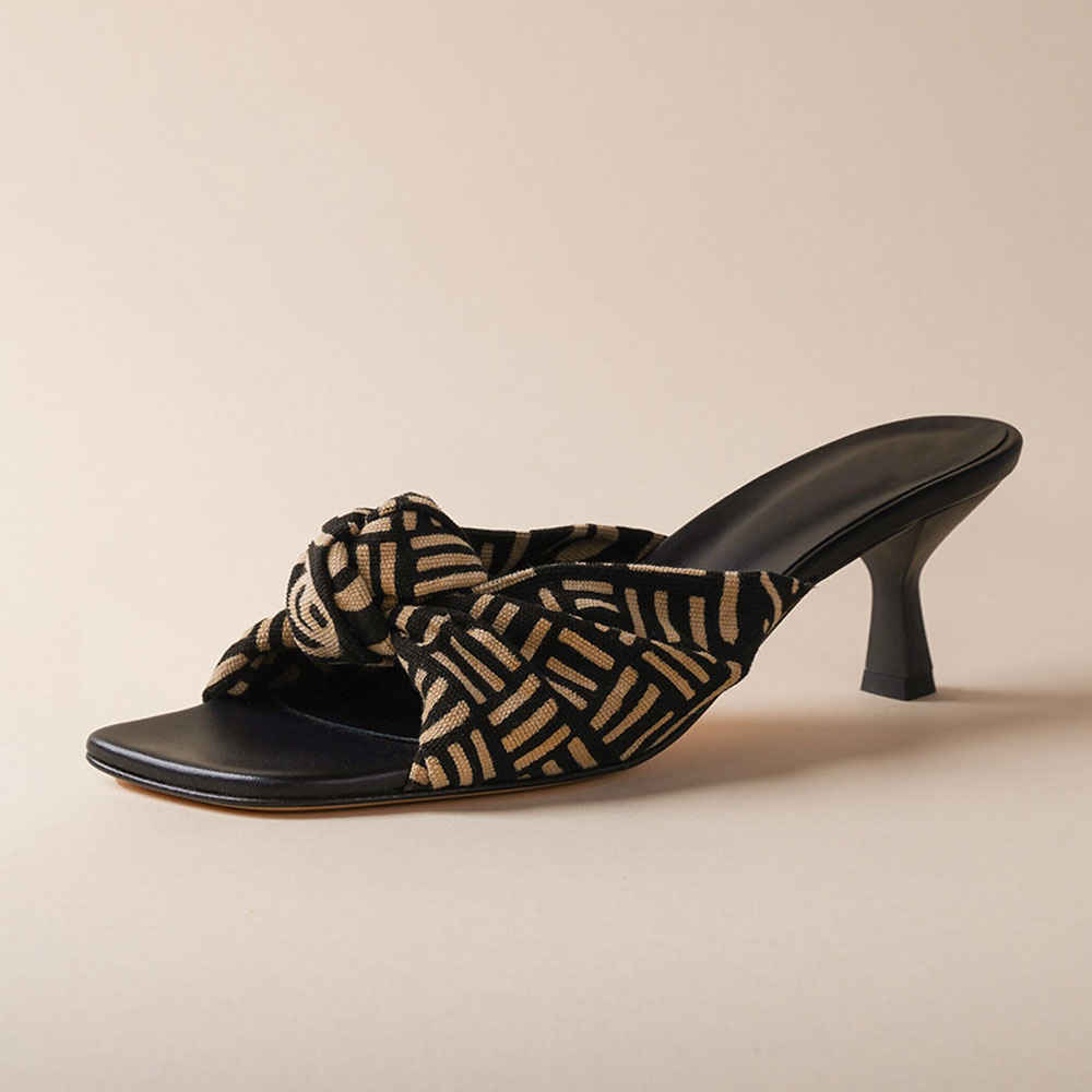 Black & Beige Square Toe Kitten Heel Wide Band Knot Mules