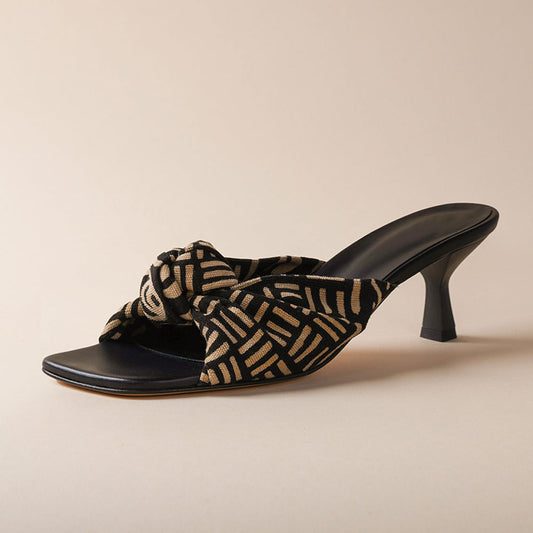 Black & Beige Square Toe Kitten Heel Wide Band Knot Mules