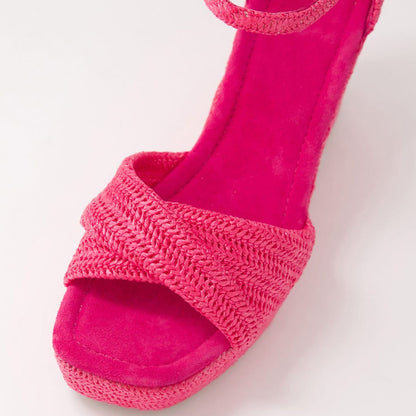 Women's Hot Pink Ankle Strap Woven Wedge Platform Sandals