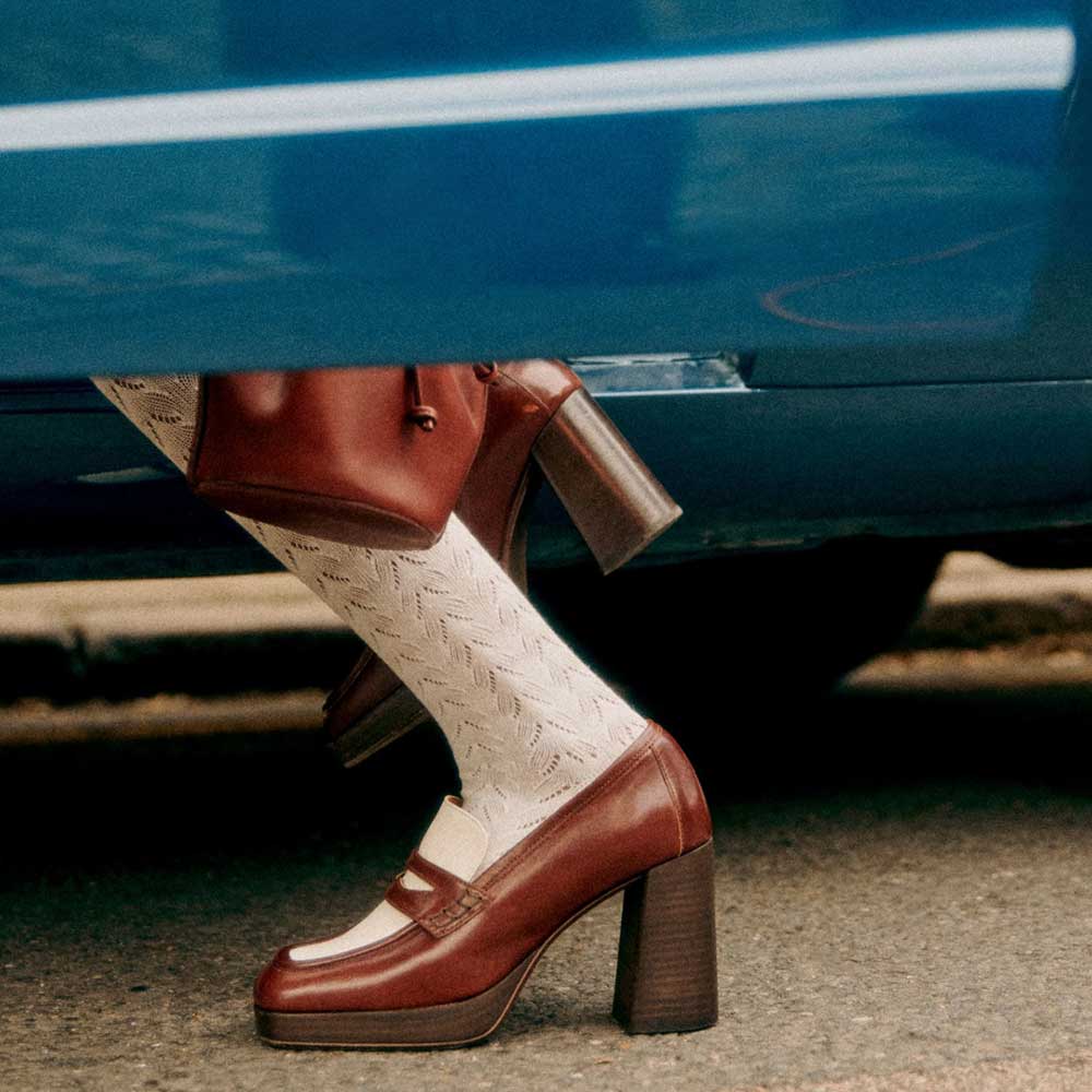 Brown & White Vegan Leather Square Toe Chunky Heel Platform Loafers