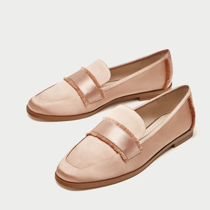 Blush Satin Loafers for Women Cute Round Toe Flats with Fringe