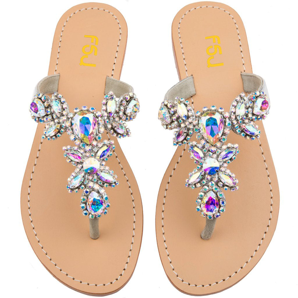 Women's Colorful Jeweled Sparkly Sandals Flat Summer Beach Flip Flops