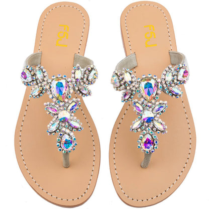 Women's Colorful Jeweled Sparkly Sandals Flat Summer Beach Flip Flops