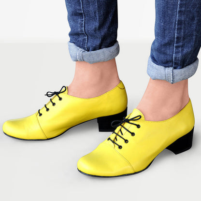 Yellow Vegan Leather Closed Toe Block Heel Lace Up Oxford Shoes