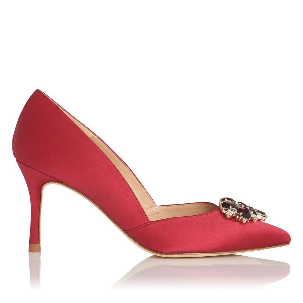 Women's Red Satin Rhinestone Stiletto Heels Pointed Toe Pumps