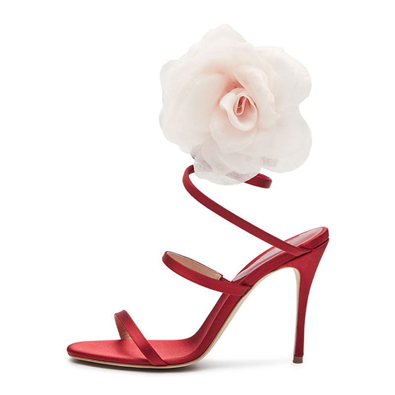 Red Satin Spiral Heels Open Toe Flower Shoes Stilettos Prom Sandals