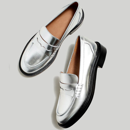 Silver Metallic Finish Round Toe Flat Penny Loafers for Women