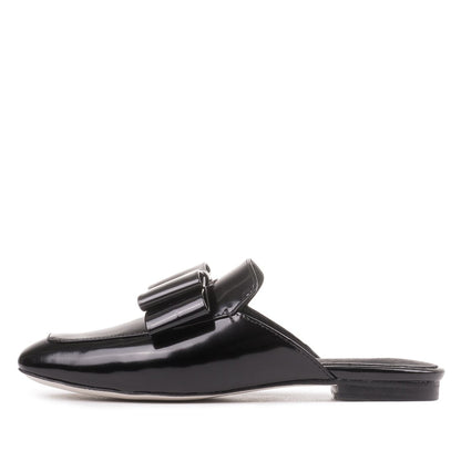 Black Vintage Bow Patent Leather Flat Mule Loafers for Women
