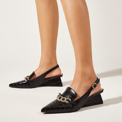 Black Croco Embossed Slingback Shoes Pointy Toe Block Heeled Loafers