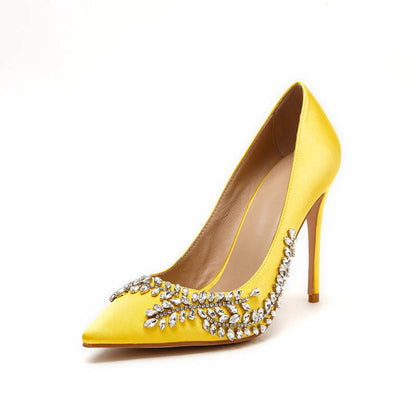 Women's Yellow Pointed Toe Satin Pumps Rhinestone Stiletto Heels
