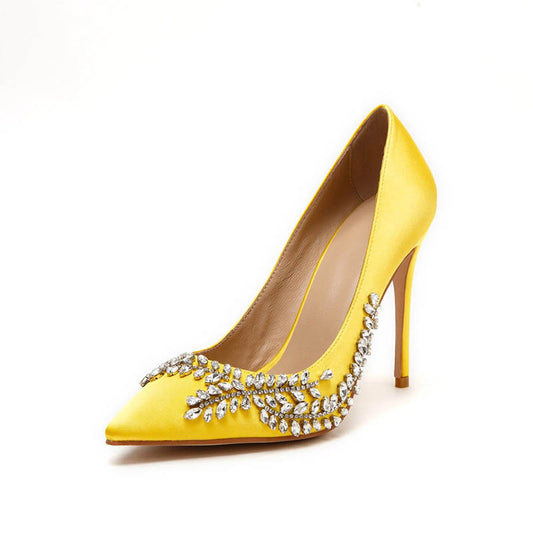 Women's Yellow Pointed Toe Satin Pumps Rhinestone Stiletto Heels