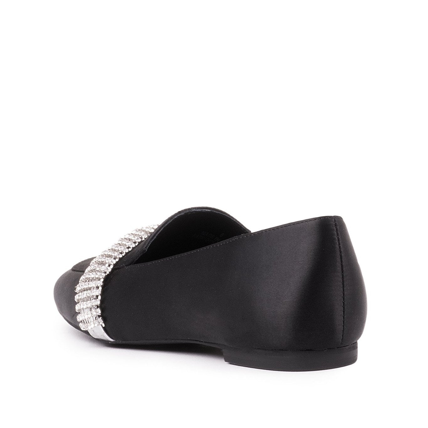 Black Satin Women's Loafers Round Toe Rhinestone Strap Flats