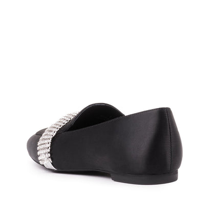 Black Satin Women's Loafers Round Toe Rhinestone Strap Flats