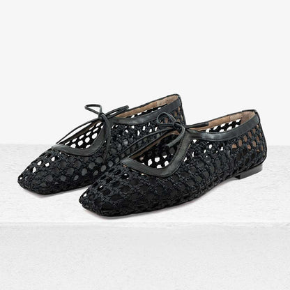 Black Square Toe Woven Hollow Out Lace Up Flat Shoes for Women