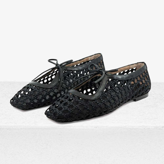 Black Square Toe Woven Hollow Out Lace Up Flat Shoes for Women