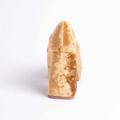 Classy Gold Velvet Block Heel Round Toe Platform Loafers Women