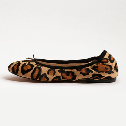 Tan Round Toe Bow Accent Elastic Top Line Leopard Flats by FSJ