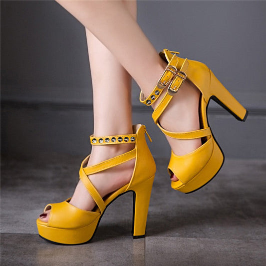 Yellow Peep Toe 4'' Chunky Heel Ankle Strap Sandals with Rivet