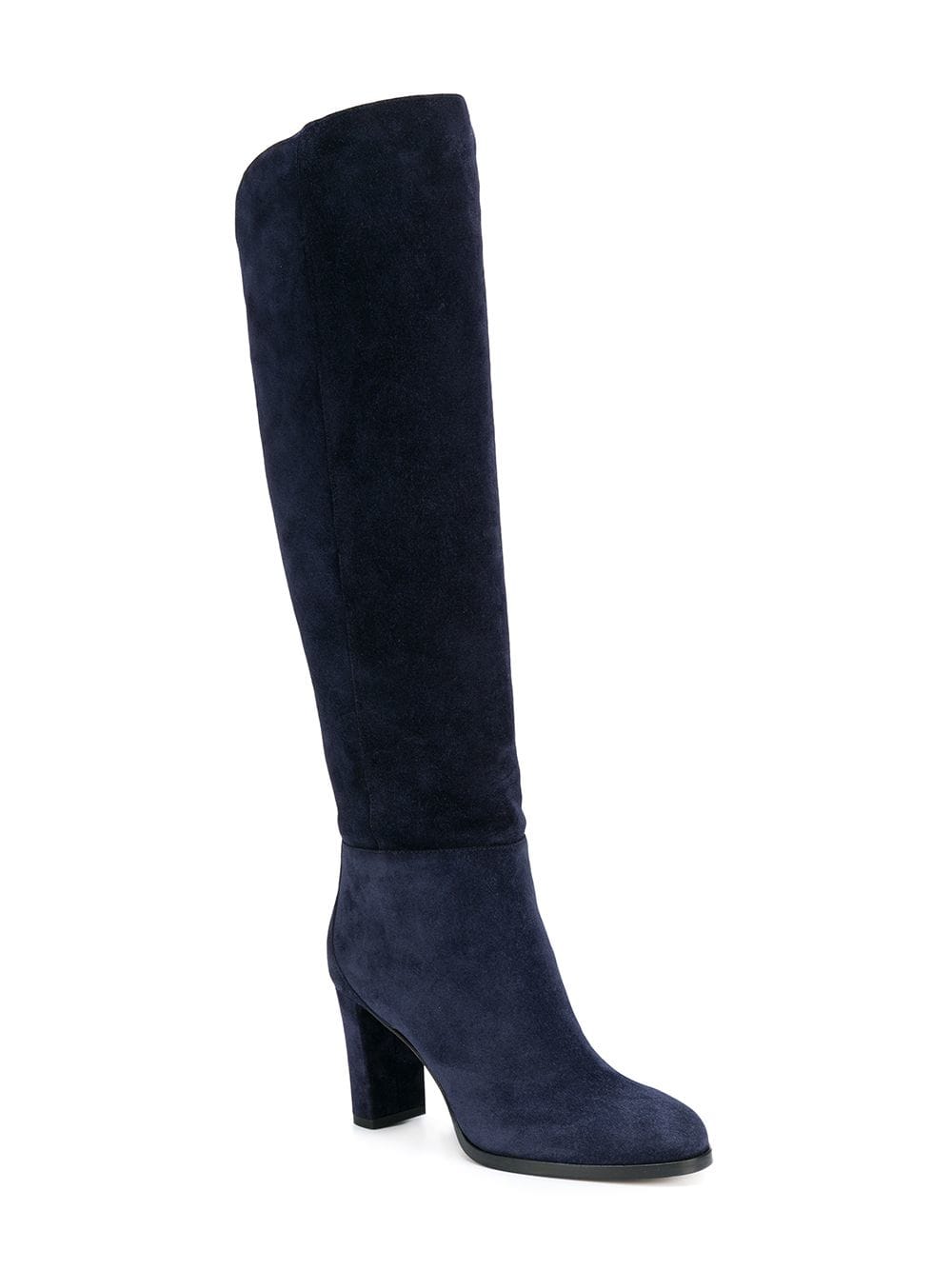 Navy Vegan Suede Round Toe Chunky Heel Knee High Boots