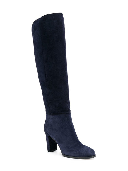 Navy Vegan Suede Round Toe Chunky Heel Knee High Boots