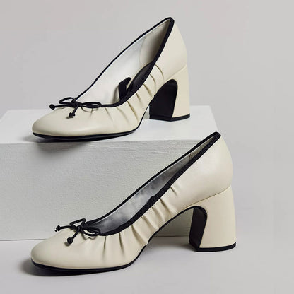 Classic Ivory Square Toe Chunky Heel Pleated Pumps Shoes with Bow