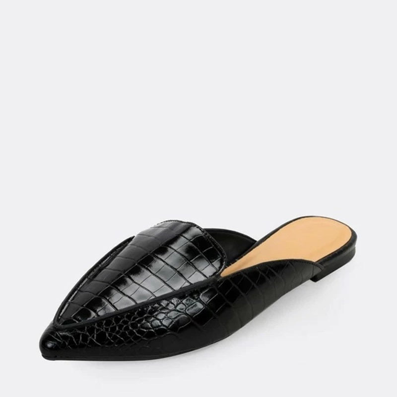 Black Croco Embossed Pointed Toe Mule Loafers for Women
