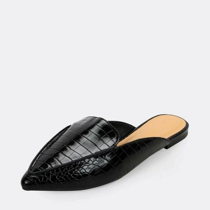 Black Croco Embossed Pointed Toe Mule Loafers for Women