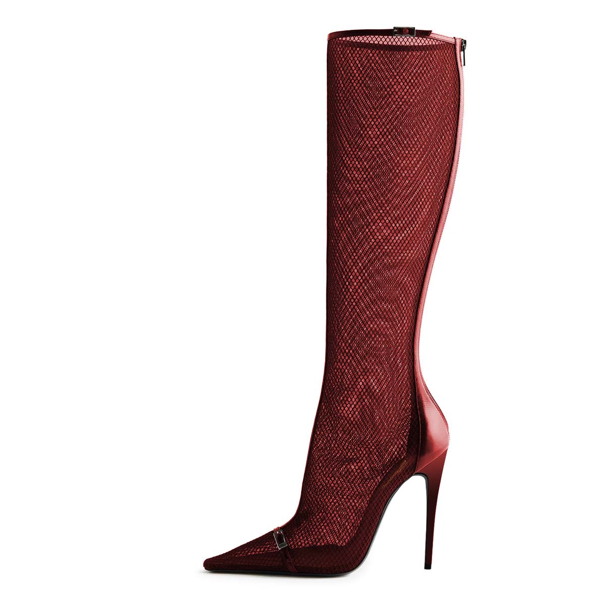 Red Mesh Pointed Toe Stiletto Heel Buckle Strap Zip Knee High Boots