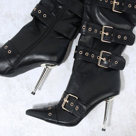 Black Faux Leather Pointed Toe Buckle Stiletto Heel Knee High Boots