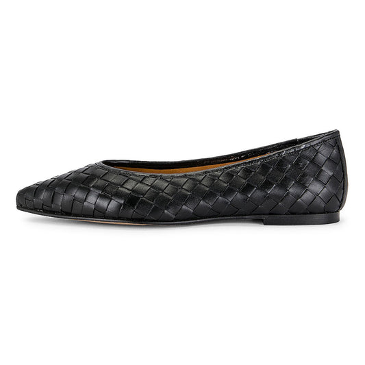 Elegant Black Vegan Leather Woven Pointed Toe Flat Shoes for Women
